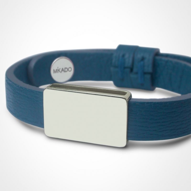 Bracelet cuir Hip-Hop Bleu jean (argent 925° et cuir) Mikado