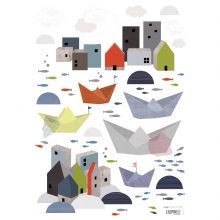 Stickers A3 village en bord de mer En mer by Sophie Cordier (29,7 x 42 cm)  par Lilipinso