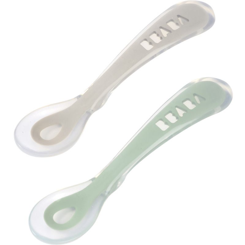 Lot de 2 cuillères 2ème âge en silicone gris et vert sauge Béaba