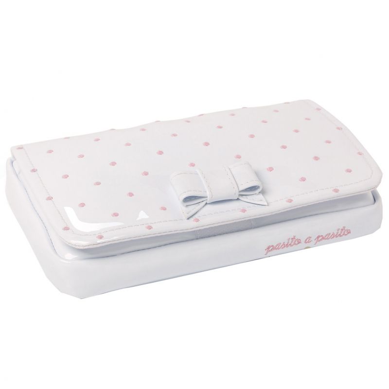 Housse pour lingettes de voyage écocuir verni blanc à pois rose Pasito a pasito