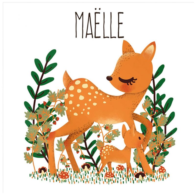 Plaque de porte carrée Maman biche et son petit (personnalisable) Kanzilue