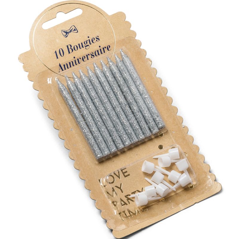 Lot de 10 bougies d'anniversaire argent pailleté Arty Fêtes Factory