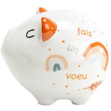 Tirelire cochon Fais un voeu en porcelaine (20 cm)  par Amadeus Les Petits