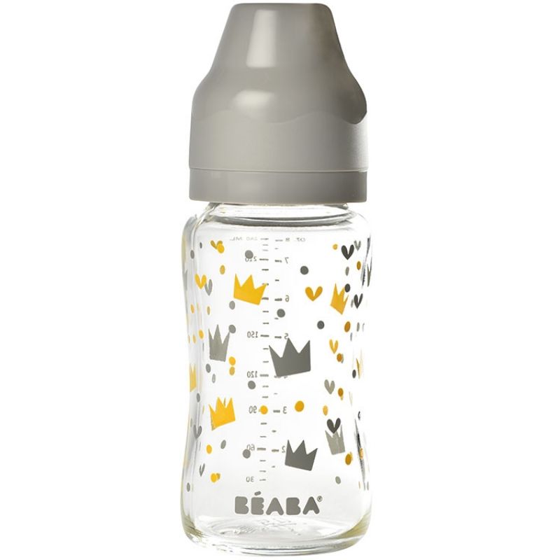 Biberon en verre col large couronne gris (240 ml) Béaba