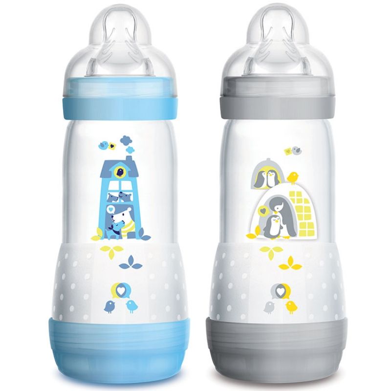 Lot de 2 biberons Easy Start anti-colique chien et pingouin - débit 3 rapide (320 ml) MAM