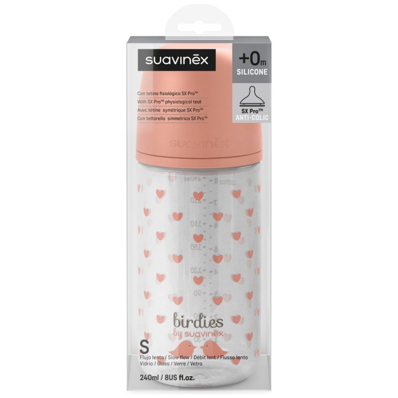 Biberon en verre tétine SXPro S Birdies Rose (240Ml) Suavinex Packaging 4
