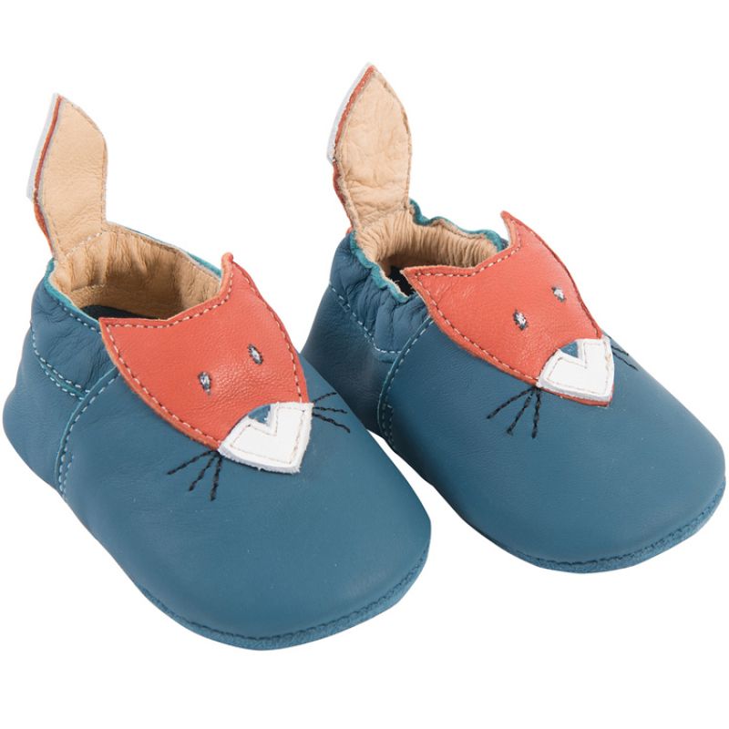 Chaussons en cuir renard bleus Le Voyage d'Olga (0-6 mois) Moulin Roty
