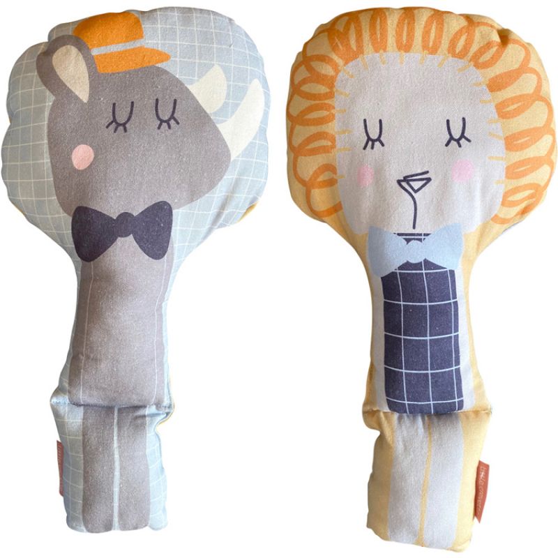 Coussin réversible en coton bio lion-rhinocéros Lucien (50 cm) Little Crevette