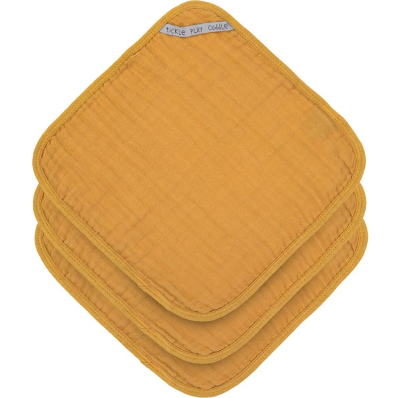 Lot de 3 débarbouillettes en mousseline de coton moutarde (30 x 30 cm) Lässig