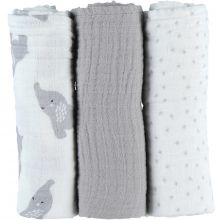 Lot de 3 langes en mousseline de coton Eléphant gris (70 x 70 cm)  par Noukie's