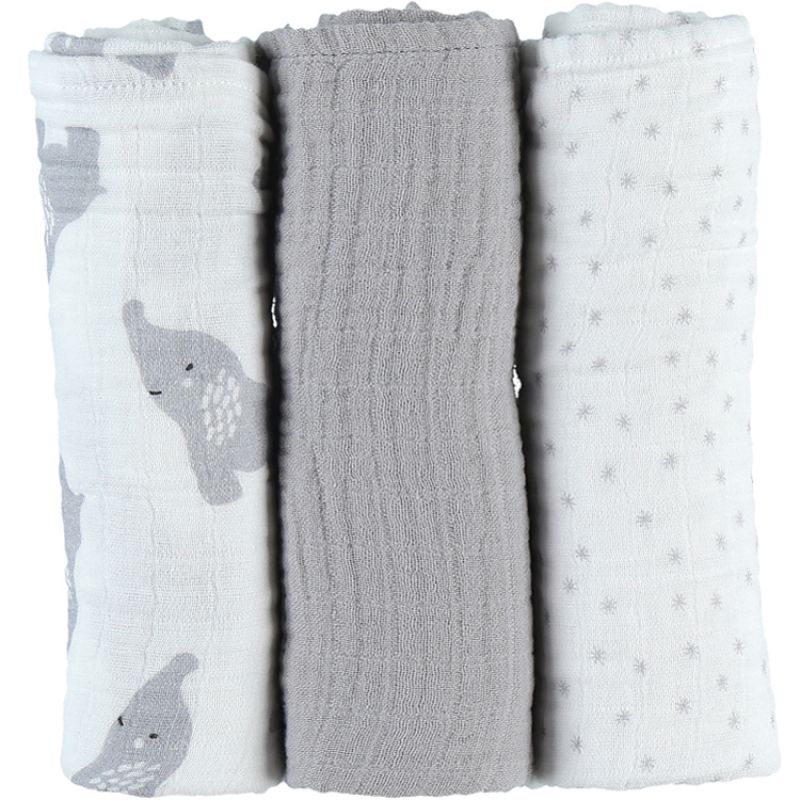 Lot de 3 langes en mousseline de coton Eléphant gris (70 x 70 cm) Noukie's