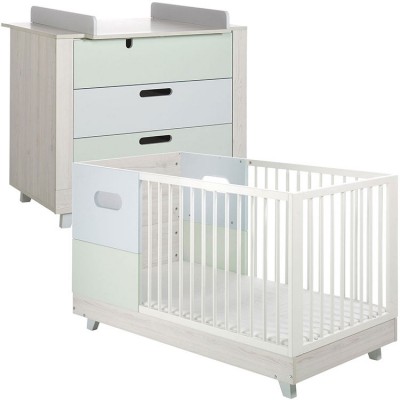 Pack duo lit bébé évolutif et commode à langer Momo vert d'eau et bleu clair Geuther