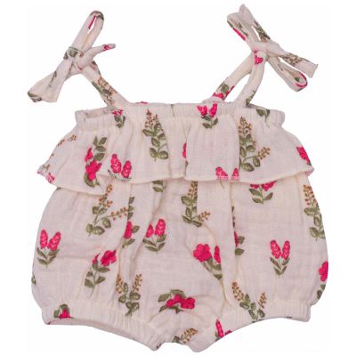 Barboteuse bretelles à volants pour poupée en gaze de coton liberty