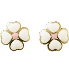 Boucles d'oreilles fleur rose émaillée blanche (or jaune 375°) - Daniel Crégut