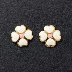 Boucles d'oreilles fleur rose émaillée blanche (or jaune 375°)