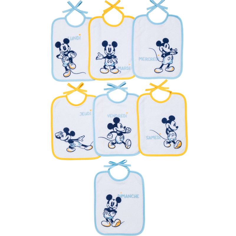 Lot de 7 bavoirs à nouer Mickey jaune et bleu Babycalin