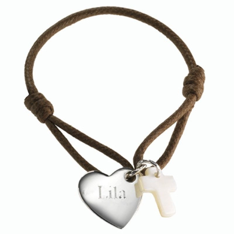 Bracelet cordon Kids coeur de croix (argent 925° et nacre) Petits trésors