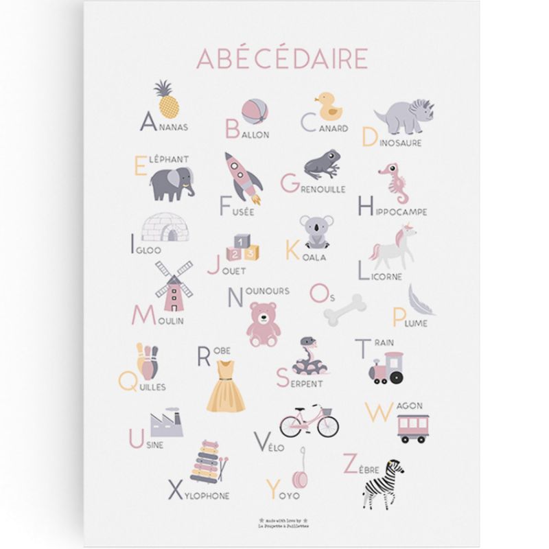 Affiche A3 Abécédaire rose La Poupette à paillettes