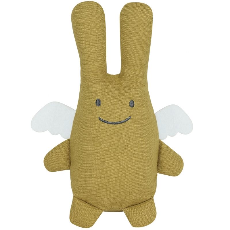 Peluche en lin ange lapin jaune curry + pochette en coton (20 cm) Trousselier