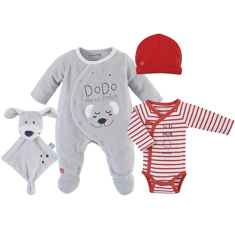Coffret de naissance layette gris et rouge (6 mois) Sucre d'orge