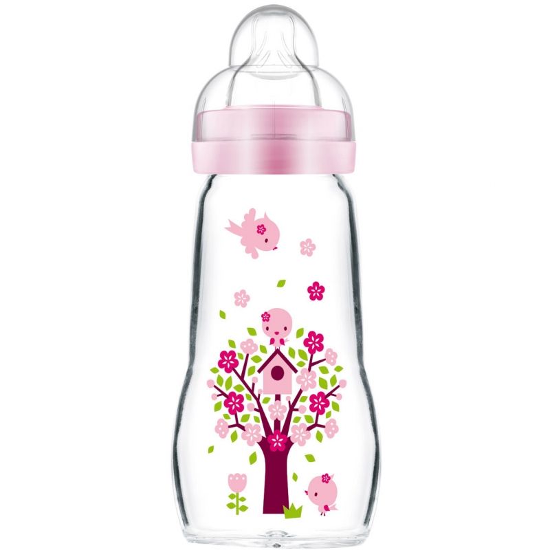 Biberon verre Opaque & Quarz Rose arbre et oiseaux - débit 2 moyen (260 ml) MAM