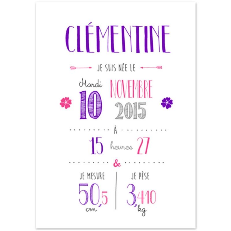 Affiche de naissance A4 violette (personnalisable) La Poupette à paillettes