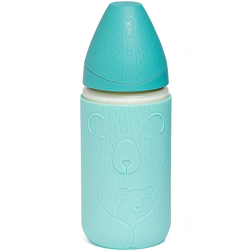 Biberon en verre avec housse en silicone turquoise (240 ml) Suavinex