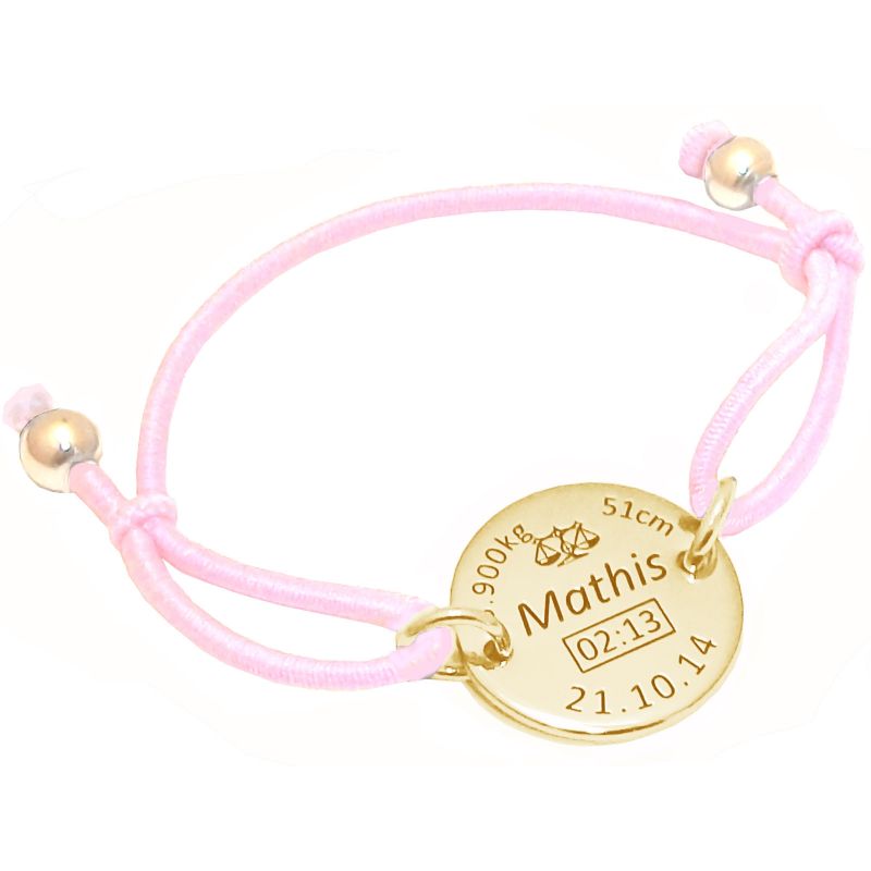 Bracelet cordon rose médaille de naissance (plaqué or jaune) Alomi