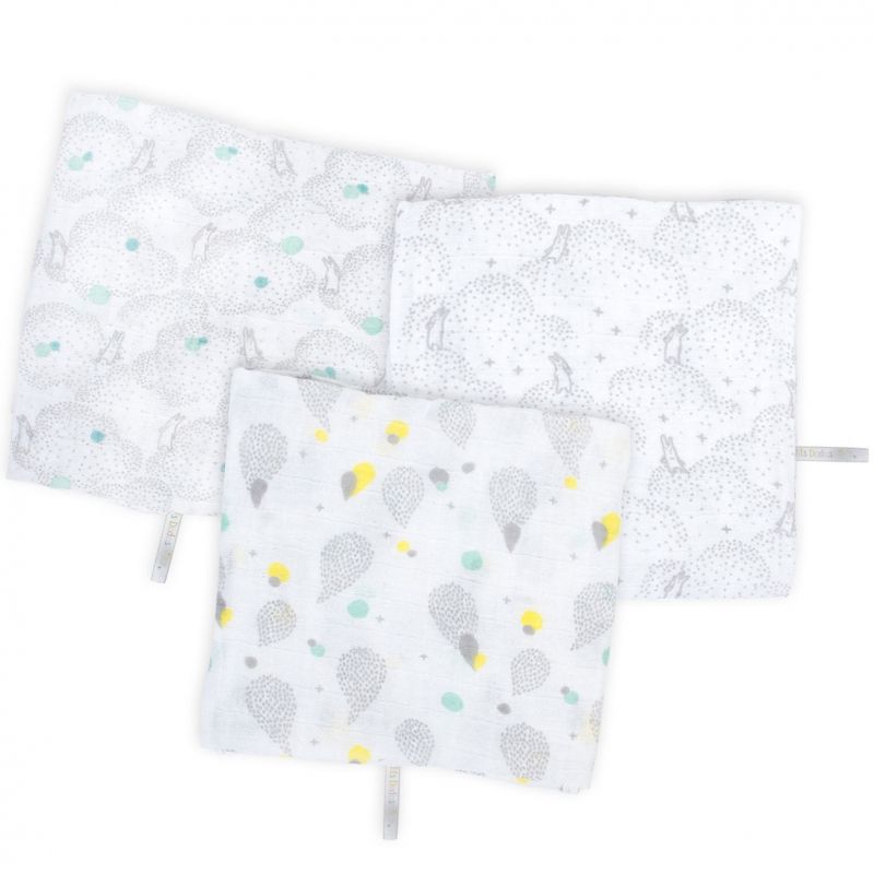 Lot de 3 langes Les petits dodos gris blanc et bleu (70 x 70 cm) Moulin Roty