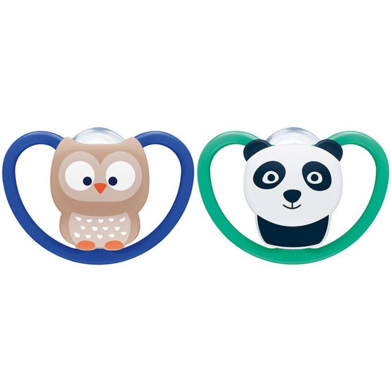 Lot de 2 sucettes physiologiques Space panda et hibou (6-18 mois) NUK