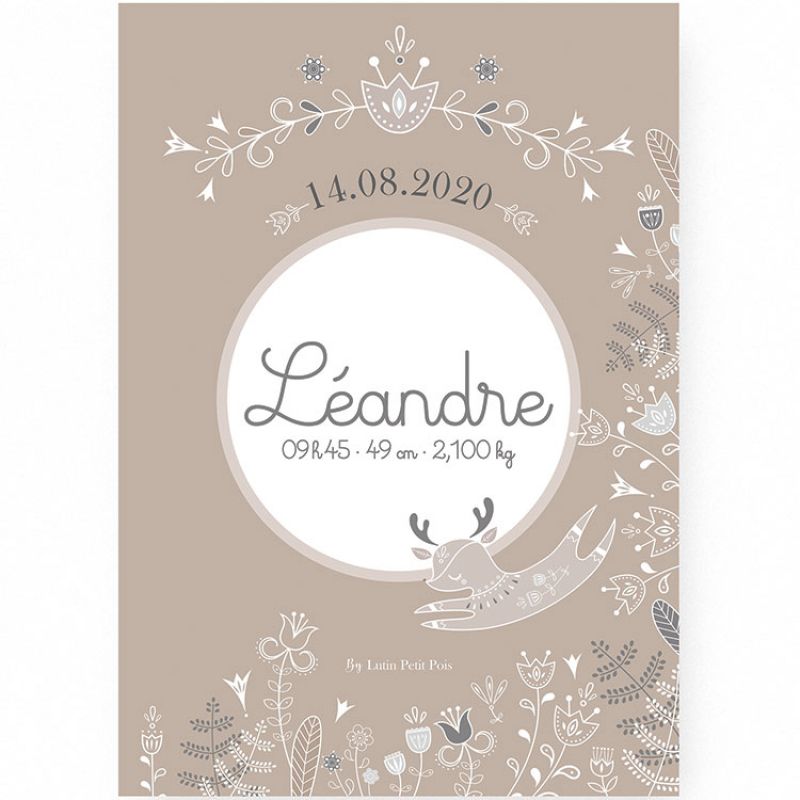 Affiche de naissance A2 Petit renne (personnalisable) Lutin Petit Pois