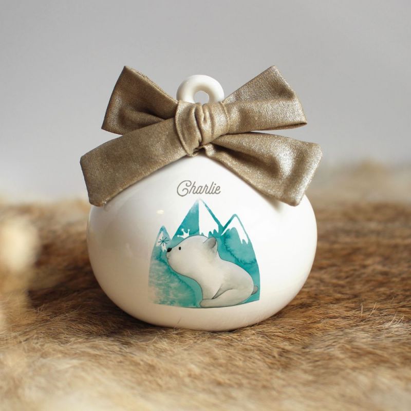 Boule de Noël en porcelaine Ourson polaire nœud doré (personnalisable) Gaëlle Duval