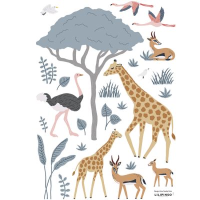 Planche de stickers A3 Girafe, gazelle et flamants  par Lilipinso