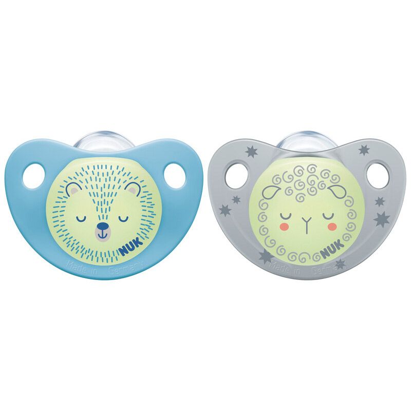 Lot de 2 sucettes physiologiques phosphorescentes bleu et gris Trendline Nuit (18-36 mois) NUK
