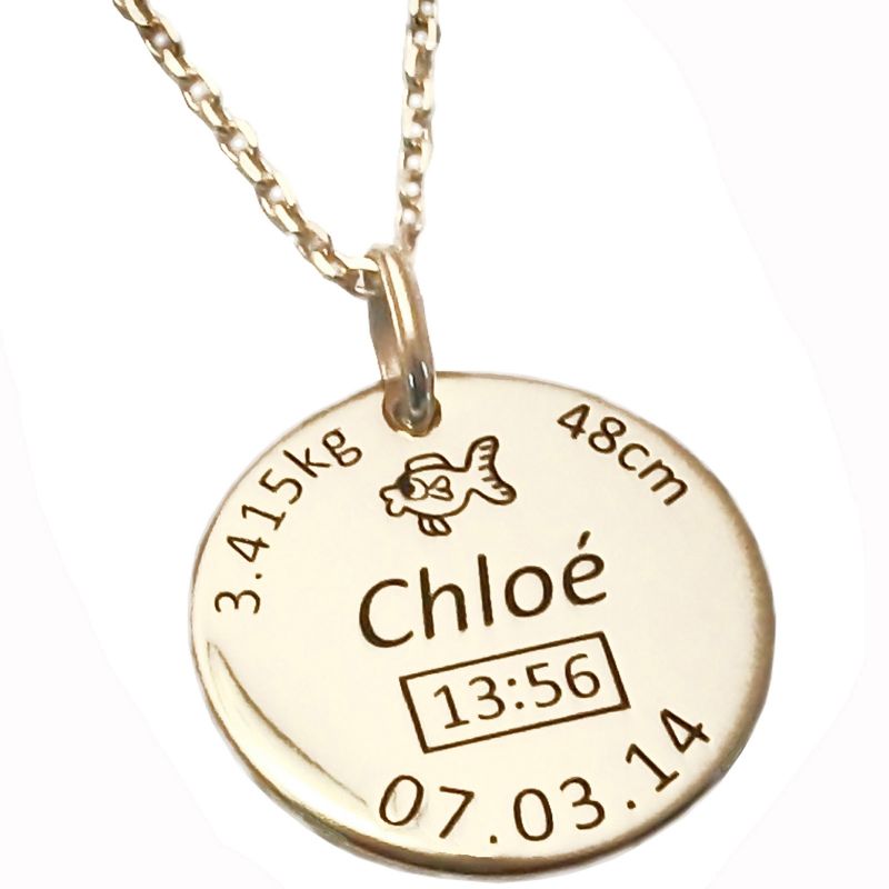 Médaille de naissance ronde avec chaîne personnalisable (plaqué or jaune) Alomi