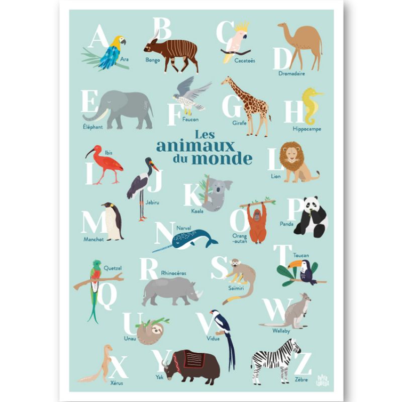 Abécédaire des animaux du monde fond bleu (A3) Papier curieux