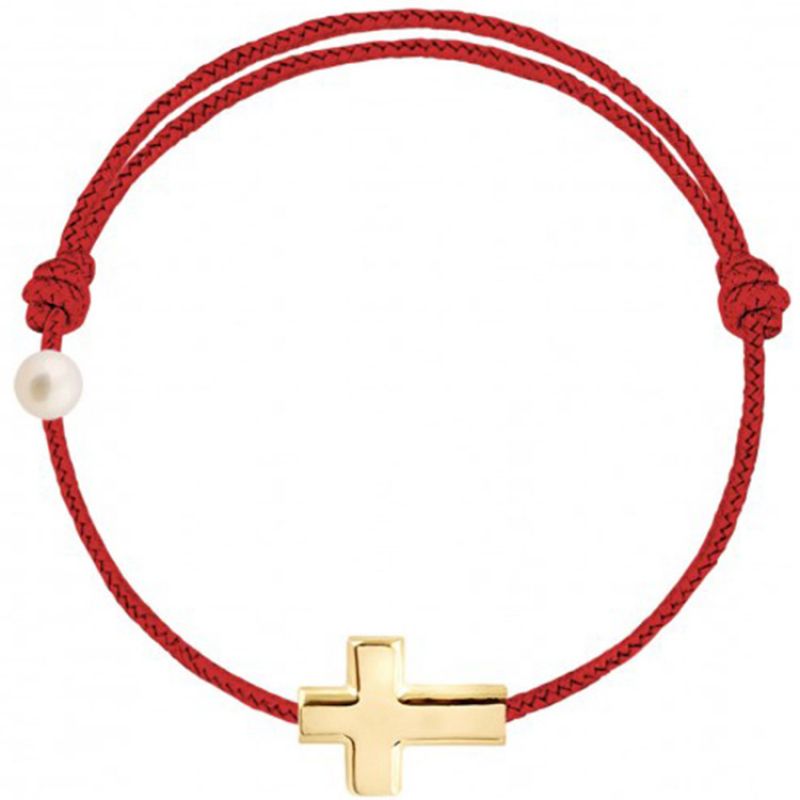 Bracelet cordon Croix et perle rouge (or jaune 750°) Claverin