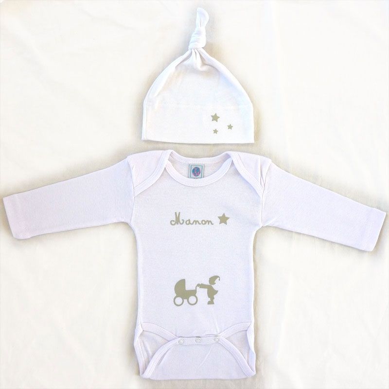 Ensemble bonnet + body blanc à manches longues personnalisable (0-6 mois) Les Griottes