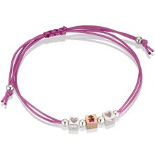 Bracelet cordon magenta 1 cube fille 2 cubes coeur (or rose 375° et argent 925°)  par leBebé