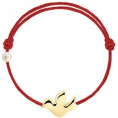 Bracelet cordon Colombe et perle rouge (or jaune 750°)