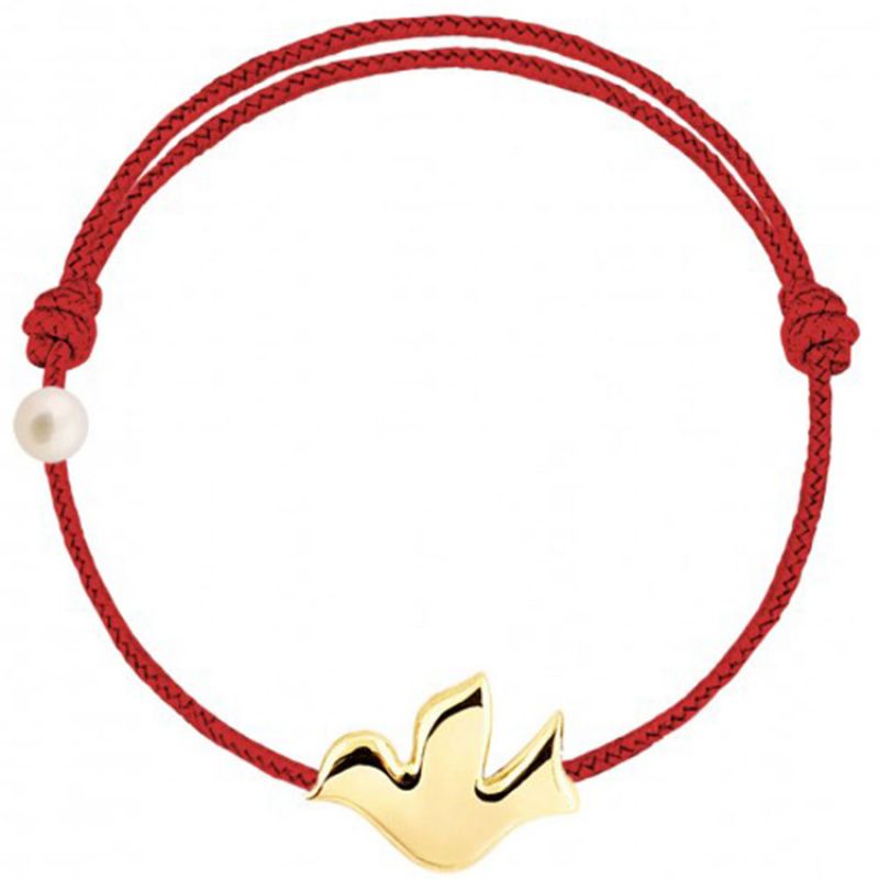 Bracelet cordon Colombe et perle rouge (or jaune 750°) Claverin