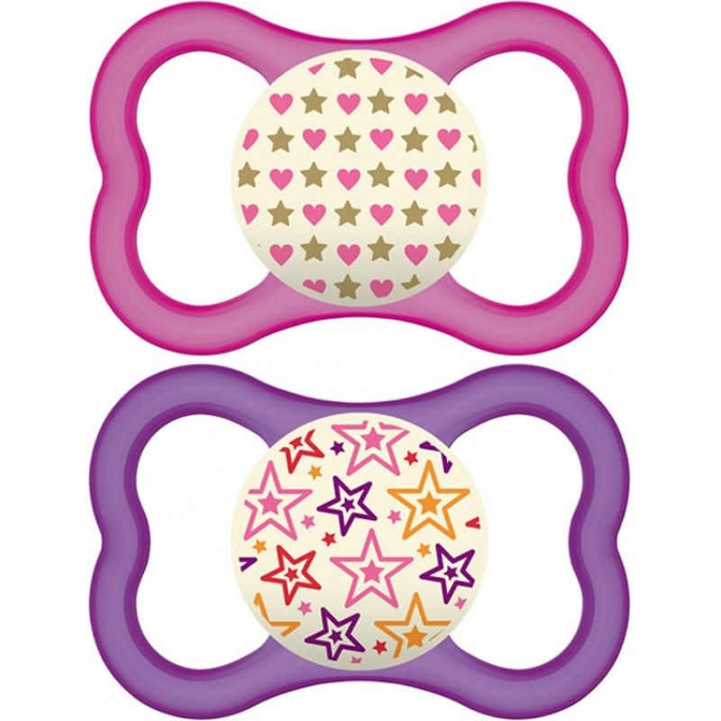 Lot de 2 sucettes anatomiques Air Nuit fille en silicone (18 mois et +) MAM