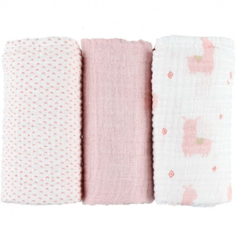 Lot de 3 langes en coton bio lama rose Mix & match (70 x 70 cm) Noukie's