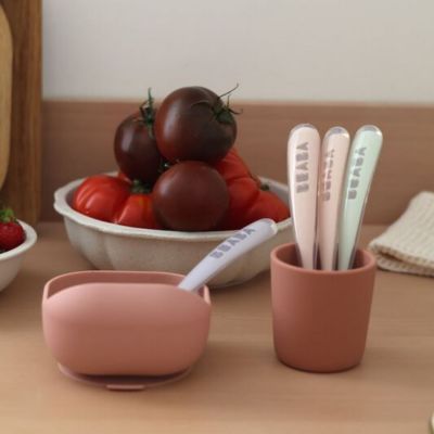 Lot de 4 cuillères silicone 1er âge Set Barbe à papa Guimauve Vert de gris Lila