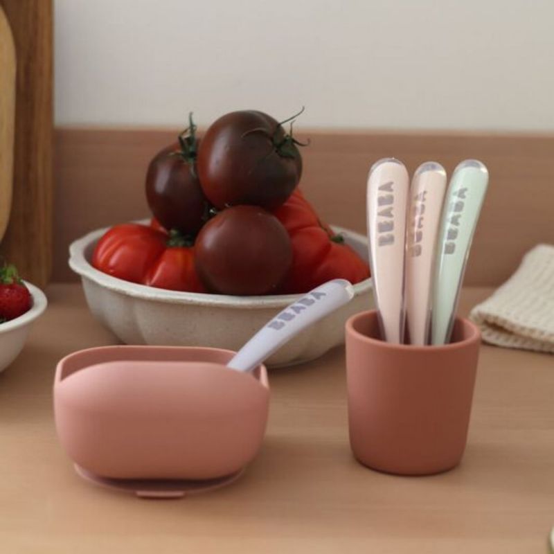 Lot de 4 cuillères silicone 1er âge Set Barbe à papa Guimauve Vert de gris Lila Béaba Ambiance 2