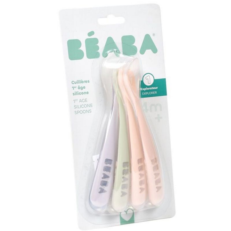 Lot de 4 cuillères silicone 1er âge Set Barbe à papa Guimauve Vert de gris Lila Béaba Packaging 3