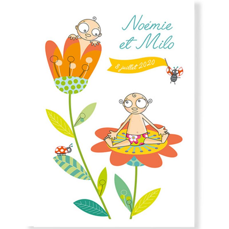 Affiche naissance jumeaux fleur personnalisable (21 x 29,7 cm) Série-Golo