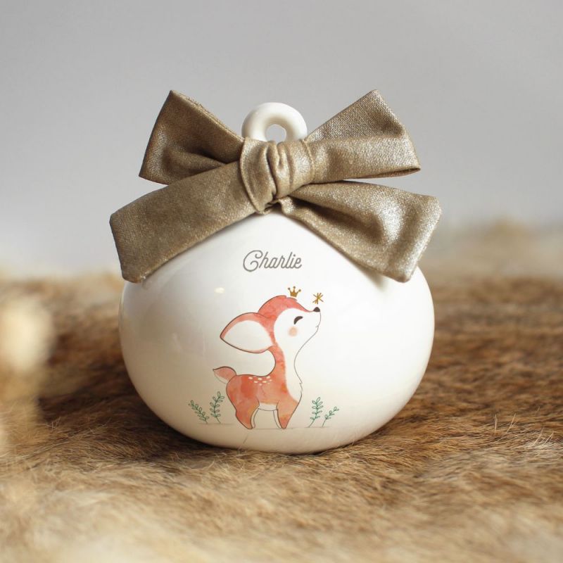 Boule de Noël en porcelaine Petit Faon nœud doré (personnalisable) Gaëlle Duval