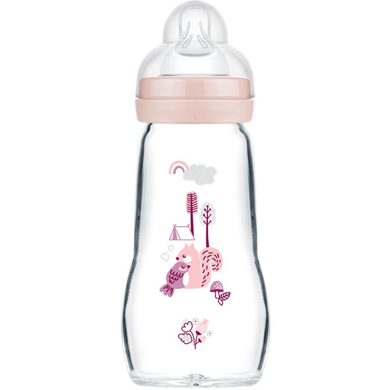 Biberon verre premium écureuil rose Forêt - tétine débit 2 moyen (260 ml) MAM