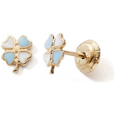Boucles d'oreilles à vis Trèfle Bleu-Blanc (or jaune 375°)